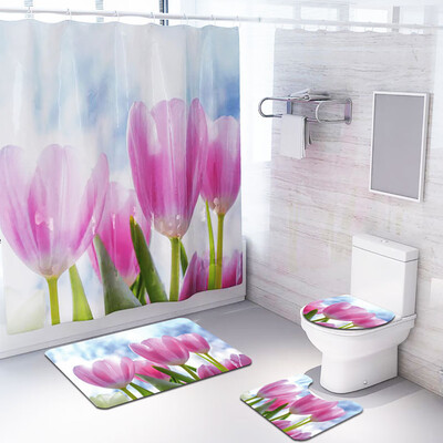 

〖Follure〗Creative Flower Shower Curtain Floor Mat Four-piece Bathroom Mat Set