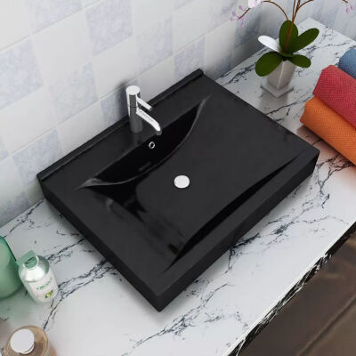 

Ceramic Basin Rectangular Sink Black with Faucet Hole 236" x 181