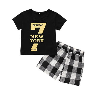 

Summer Casual Baby Boy Letter Printing Short Sleeve Top And Plaid Short Pants Kit Kid Two-piece Outfit Set