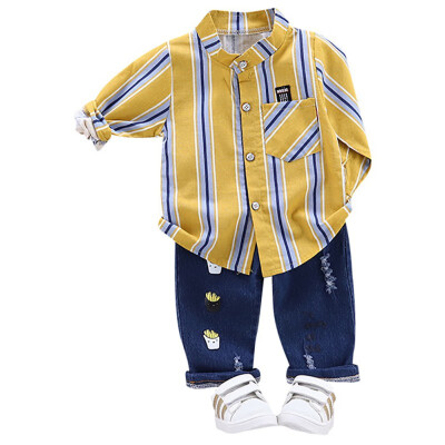 

Baby Boys clothes Autumn Casual Set Long Sleeve Striped Print Shirt TopsCartoon Denim Pants Trouser Set Kids Clothes 2pcs