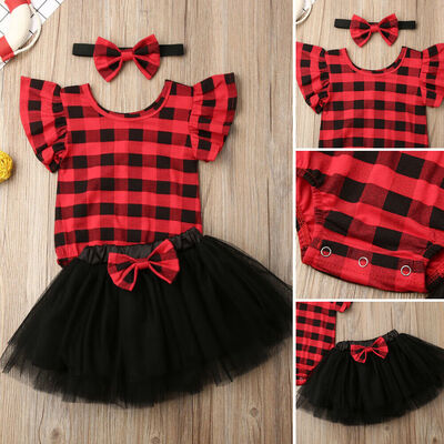 

My 1st Christmas Baby Girl Clothes Plaid RomperTulle DressHeadband Outfit