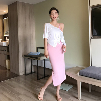 

Simple Fashion Women Set Wind Solid Color Sexy Sling Dress Loose Casual One Shoulder Strap Tops Set Two Piece Set