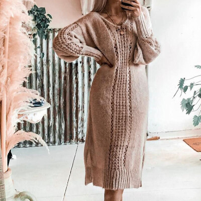 

Womens Ladies Hollow Out Bat Sleeve V Neck Plush Warm Sweater Dress Casual Slim Pure Color Knitted Long Sweater Dress