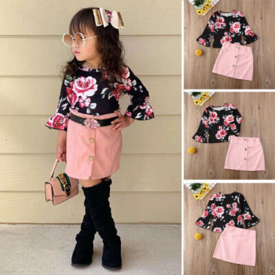 

2PCS Toddler Baby Girl Autumn Winter Clothes Floral TopsMini Skirt Outfits Set