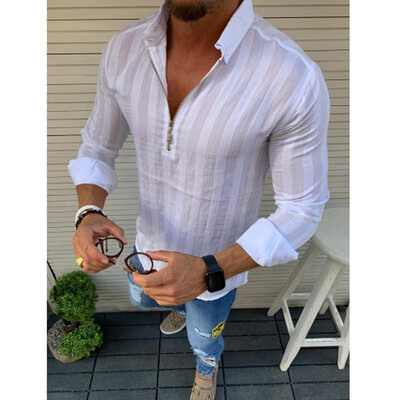 

Men Striped Long Sleeve Zipper Shirts Male Casual Business Fit Blouse Slim Top