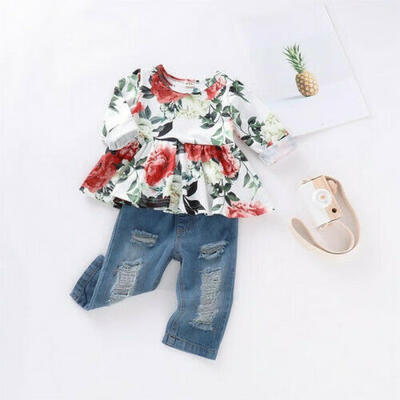 

UK Kids Baby Girls Clothes Toddler Floral Tops Shirt Ripped Jeans Pants Outfit