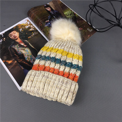 

Winter warm wool cap woman candy color rainbow knitted hat hair ball curling cover hat tide ear cap wholesale