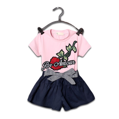 

Fashion Kid Clothes Set Summer Girls Floral Print T-shirtLace-up Solid Shorts 2pcs Suit Hot Child Clothing