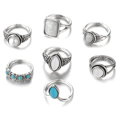 

7 Pcs set Bohemian Fire Opal Rings Set Turquoise Pearls Silver Knuckle Ring Set