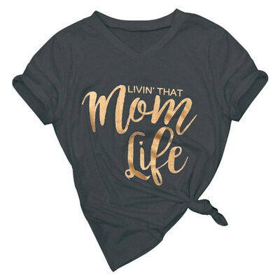 

Summer Mom Life Gilding Letter Print Womens Short Sleeve V Neck T-Shirt Top