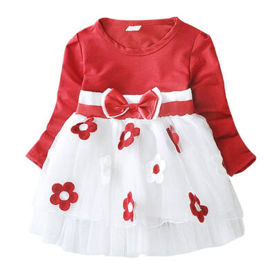 

Baby Dress Baby Girl Dress Long Sleeve Baby Flower Bow Mesh Splicing Long Sleeve Dress