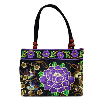

Fashion Women Ethnic Peony Embroidery Handbag Beaded Handle Zip Canvas Tote Bag