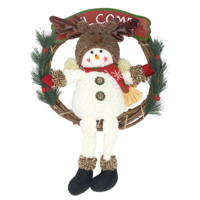 

Rattan Christmas Wreath Garland With Santa ClausSnowman Doll And Wooden Welcome Sign Holiday Hanging Wall Window