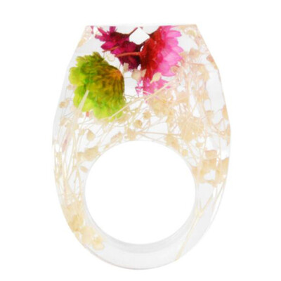 

New Women Fashion Beauty Natural Real Dried Flower Scenery Painting Transparent Resin Ring Jewelry Gifts
