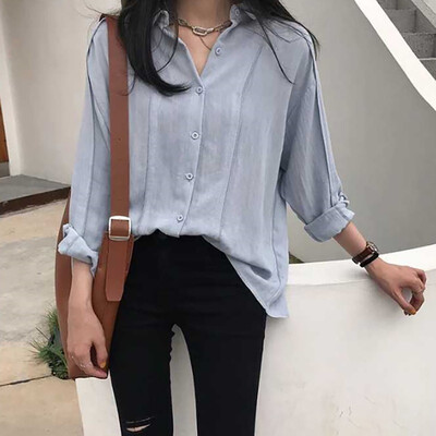 

Simple Women Blouse Vintage Solid Color Sweet Lapel Shirt Loose Single-breasted Long Sleeve Blouse Blusas Mujer De Moda
