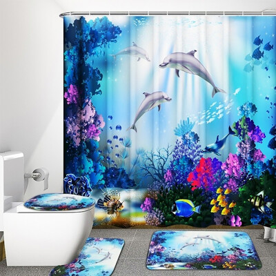 

4 PCS Sea Style Dolphin Waterproof Shower Curtain Set Toilet Cover Mat Bathroom