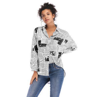 

Women Autumn Shirts Fashion Casual Long Sleeve Shirt Lapel Single-breasted Letter Printed Newspaper Shirt Female Tops