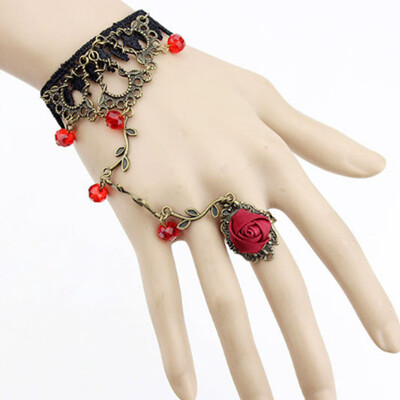 

Victorian Style Retro Lace Bracelet Lolita Floral Rose Flower Link Chain Bracelet Ring Set Crystal Jewelry
