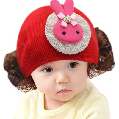 

Newborn Cute Baby Hat Toddler Baby Warm Knit Hat Girls Caps Cartoon Bowknot Cap Girls Fake Hair Wig Hats Kids Headwear