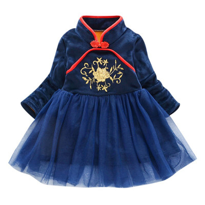 

6 Colors Autumn Kids Dresses For Girls Chinese Traditional Dress 1Y-7Y Mesh Stitching Embroidery Swan Collar Princess Dress Prom