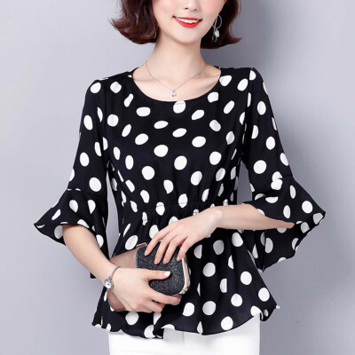 

Tailored Womens Short-Sleeved Ruffled Chiffon Polka Dot Womens Loose Thin Tie Shirt