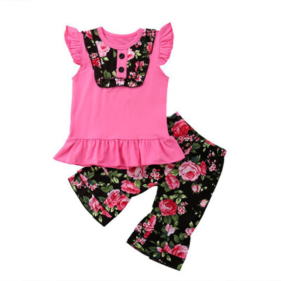 

Summer Baby Girls Clothes Set Casual Sleeveless Vest TopsFloral Pattern Pants Suits Costume Set