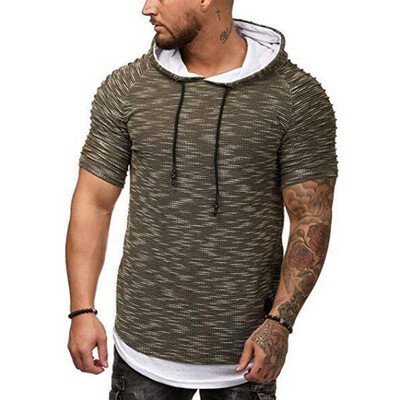 

Men Slim Short Sleeve Round Neck T-Shirt Summer Casual Pleated Sleeve Hooded T Shirt Tops