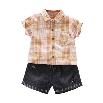 

Fashion Summer Children Boys Cotton Plaid Printed Short Sleeve Shirt Blouse Shorts Casual Outfits Clothes 2pcsSets