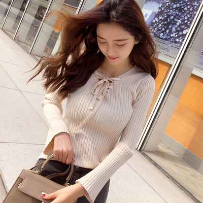 

Fashion Casual Slim Flare Sleeve Sweater Solid Color Women Korean Style Trendy Wild V-neck Knit Pullovers