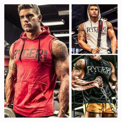 

Mens Muscle Hoodie Top Bodybuilding Sleeveless Gym Tank Top Hooded Vest T Shirt
