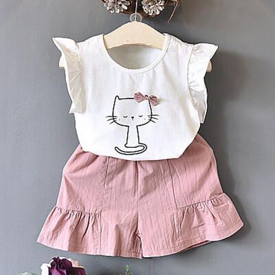 

Hot Summer Fashion Korean Version Cute Cat Bow Short Sleeved T-shirt Solid Color Shorts Kids Clothing Set 2 Colors
