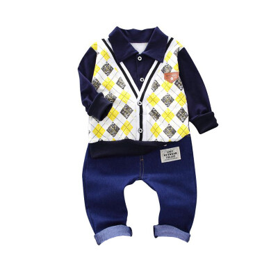 

Spring Baby Boy Clothes Cotton Fake 2 Pieces Design Long Sleeve Floral Shirt Tops Denim Pants Trousers Outfits Set