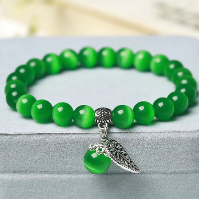 

10 Colors Cat Eye Stone Beads Charm Bracelets & Bangles Handmade Leaf Pendant Bracelet Crystal Jewelry Gifts