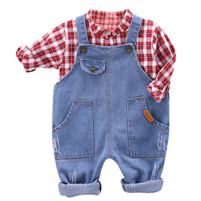 

Baby Boy Clothes 2pcs Casual Kids Clothes Sets Autumn Long Sleeve Plaid Print Shirt BlouseStrap Denim overalls Trousers Spring