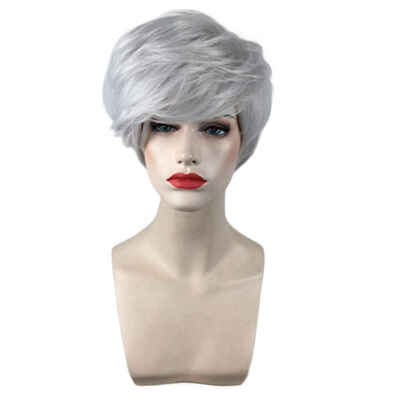 

Women Silver White Short Curly Wig Heat Resistant Fiber Elder Lady Cosplay Fake Hair Hairpiece