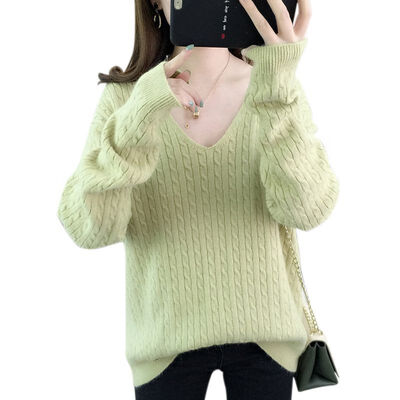 

Autumn Winter Korean Style Loose V-neck Sweater Women Fashion Trend Solid Color Sweet Knit Pullover