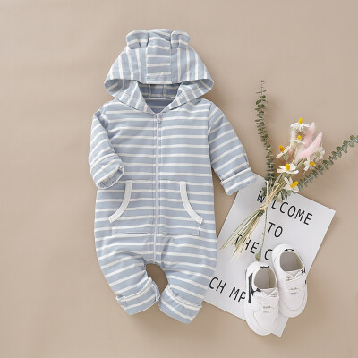 

Baby Boy Girl Winter Cute Striped Print Ear Design Hoodie Romper Bodysuit Casual Long Sleeve Outerwear