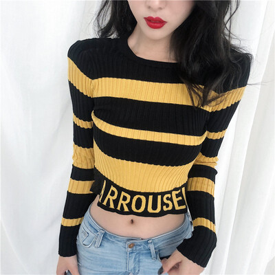 

Autumn Winter New Slim Striped Letter Pattern Crop Sweater Korean Style Round Neck Long Sleeve Women Knit T-shirt