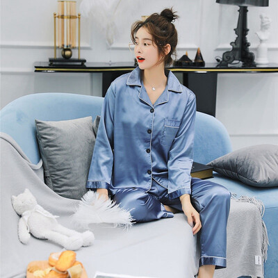 

Autumn Pajama Sets Ice Silk Satin New Cardigan Long-sleeved Men Women Pajama Brand Quality Couple Pjs Home Suit Spring Sleepwear