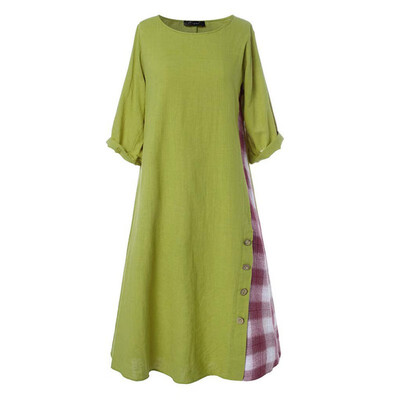 

Women Autumn Casual Dress Long Sleeve Round Neck Loose Casual Plaid Print Stitching Ethnic Dress