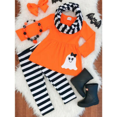 

3PCS Toddler Baby Girl Halloween Clothes Long Sleeve Dress Striped Pants Outfits