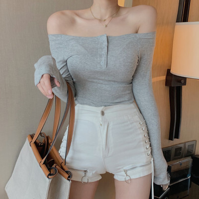 

Sexy Off The Shoulder Basic Tee Tops For Women Autumn Solid Color Long Sleeve Bottoming Tee Shirts Femme