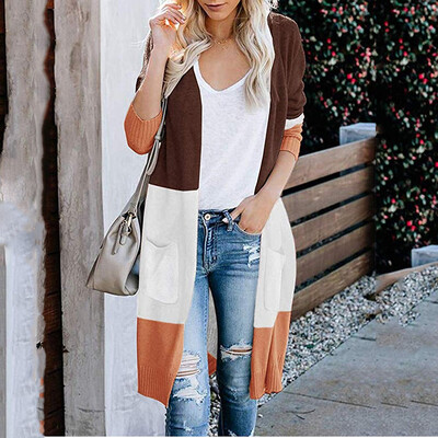 

Toponeto Women Long Sleeve Color Striped Pocket Casual Knitted Outerwear Cardigan Sweater