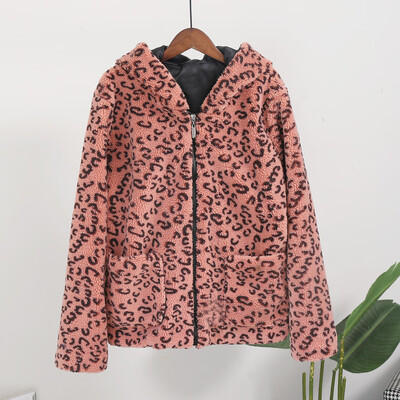 

Tailored Women Fashion Leopard Print Long Sleeve With Hat Short Wool Pellet Coat