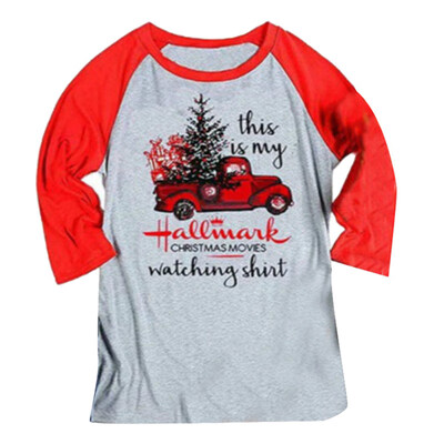 

Christmas Tree Car Letter Print Long Sleeve Crew Neck T-Shirt Casual Women Top