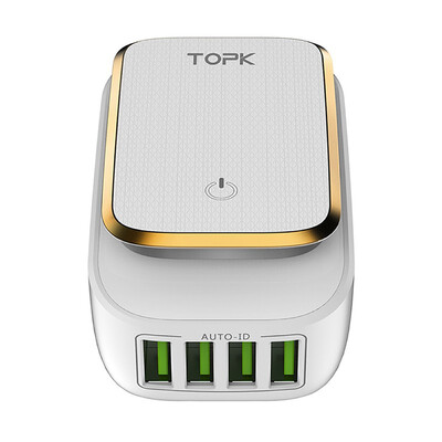 

TOPK -Power 4-Port 44AMax 22W EU USB Charger Adapter LED Lamp Auto-ID Portable Phone Travel Wall Charger for iPhone Samsung