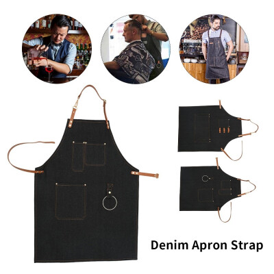 

Willstar Fashion Denim Bib Apron Working Chef Leather Strap for Barista Baker Bartender BBQ Cook Work Uniform