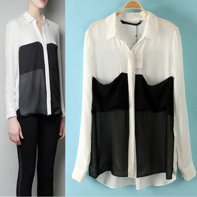 

Womens Black&White Stitching Loose Chiffon Blouse Pocket Button Women Shirt long Sleeve