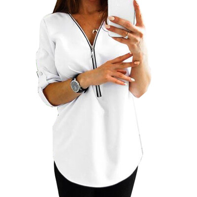 

Spring Autumn Women Casual Solid Color Long Sleeve Shirt Zipper Loose Blouse