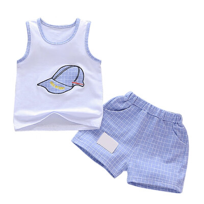 

Baby Clothes Summer Baby Boys Sleeveless Cartoon Cap Print Tops Blouse VestPlaid Shorts Children Casual Outfits Sets